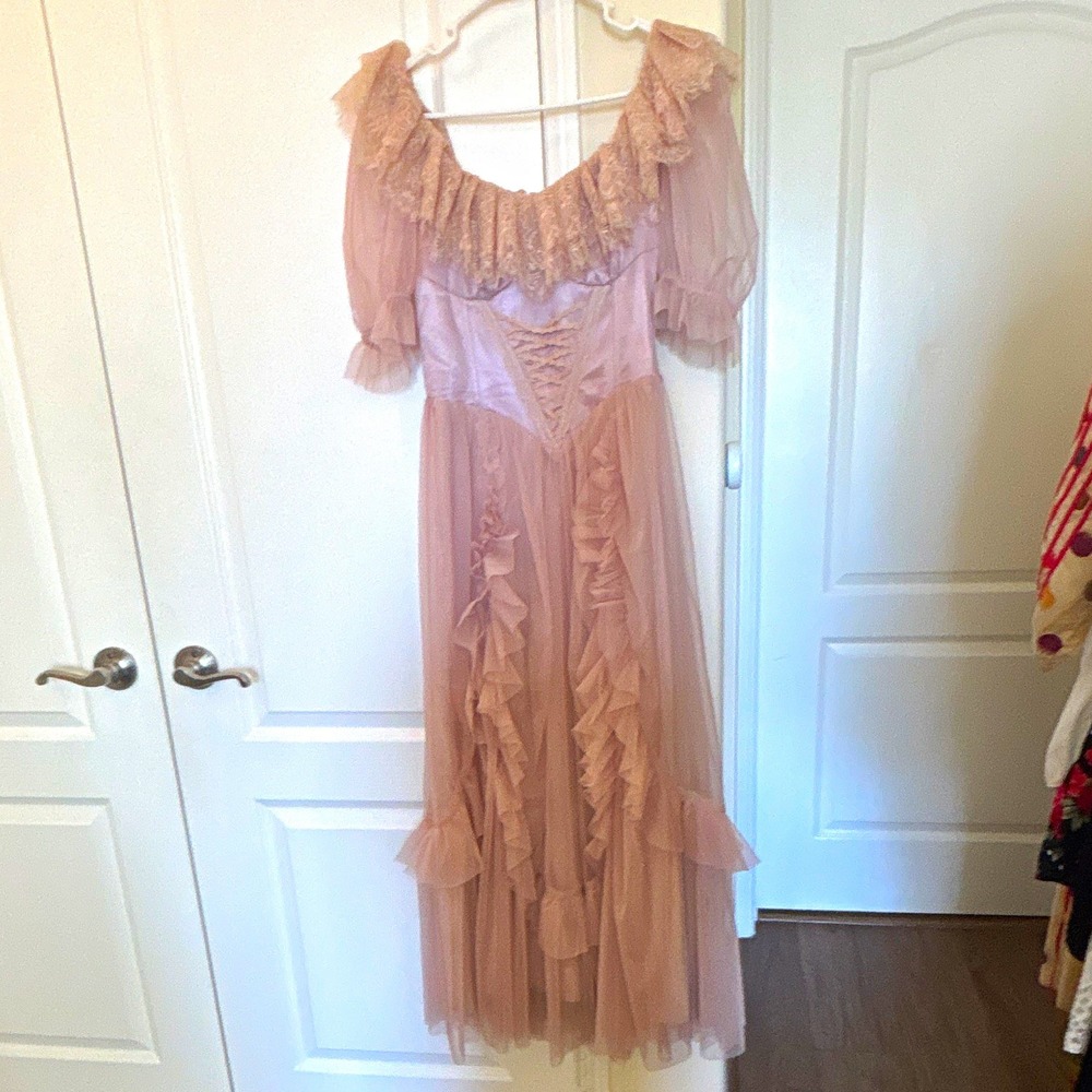 Lace Made Pink Tulle Maxi Dress Lace Trim Corset Bodice Ruffle Tiered Small